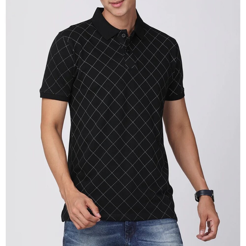 Golden Bear Geometric Diamond Short Sleeve Cotton Polo Shirt‎ Black Men XXL